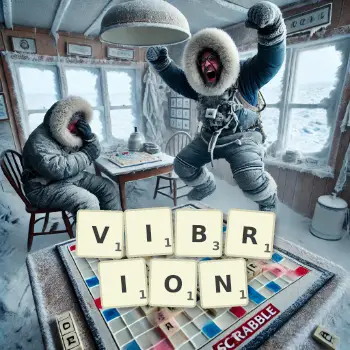 Creative illustration for a Scrabble game with the word VIBRION spelled out in tiles on the board.