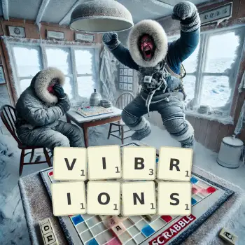 Creative illustration for a Scrabble game with the word VIBRIONS spelled out in tiles on the board.