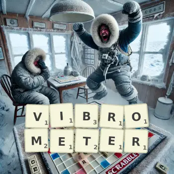 Creative illustration for a Scrabble game with the word VIBROMETER spelled out in tiles on the board.