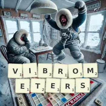 Creative illustration for a Scrabble game with the word VIBROMETERS spelled out in tiles on the board.