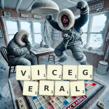 Creative illustration for a Scrabble game with the word VICEGERAL spelled out in tiles on the board.