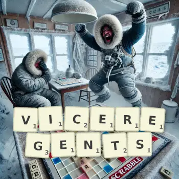 Creative illustration for a Scrabble game with the word VICEREGENTS spelled out in tiles on the board.