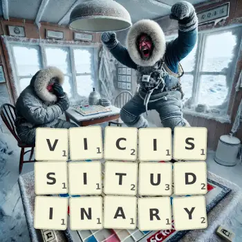 Creative illustration for a Scrabble game with the word VICISSITUDINARY spelled out in tiles on the board.