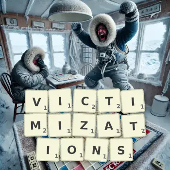 Creative illustration for a Scrabble game with the word VICTIMIZATIONS spelled out in tiles on the board.