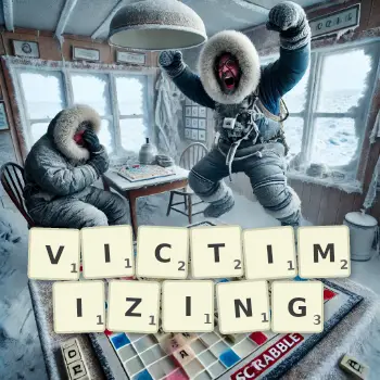 Creative illustration for a Scrabble game with the word VICTIMIZING spelled out in tiles on the board.