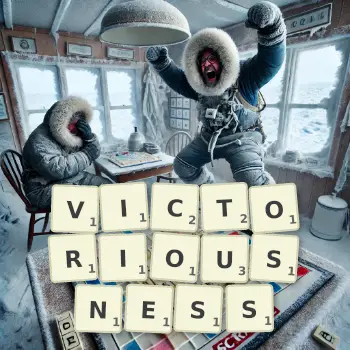 Creative illustration for a Scrabble game with the word VICTORIOUSNESS spelled out in tiles on the board.