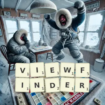 Creative illustration for a Scrabble game with the word VIEWFINDER spelled out in tiles on the board.
