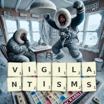 Creative illustration for a Scrabble game with the word VIGILANTISMS spelled out in tiles on the board.