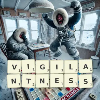 Creative illustration for a Scrabble game with the word VIGILANTNESS spelled out in tiles on the board.
