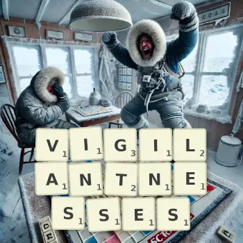 Creative illustration for a Scrabble game with the word VIGILANTNESSES spelled out in tiles on the board.