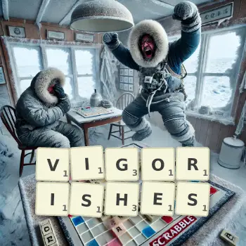 Creative illustration for a Scrabble game with the word VIGORISHES spelled out in tiles on the board.