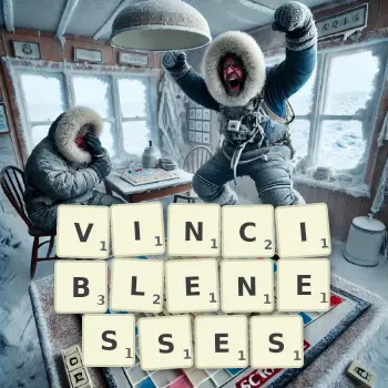 Creative illustration for a Scrabble game with the word VINCIBLENESSES spelled out in tiles on the board.