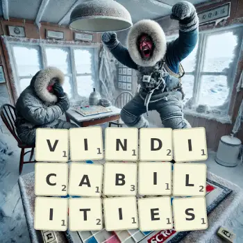 Creative illustration for a Scrabble game with the word VINDICABILITIES spelled out in tiles on the board.