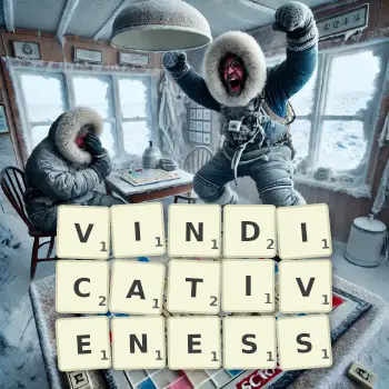 Creative illustration for a Scrabble game with the word VINDICATIVENESS spelled out in tiles on the board.