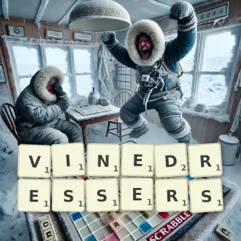 Creative illustration for a Scrabble game with the word VINEDRESSERS spelled out in tiles on the board.