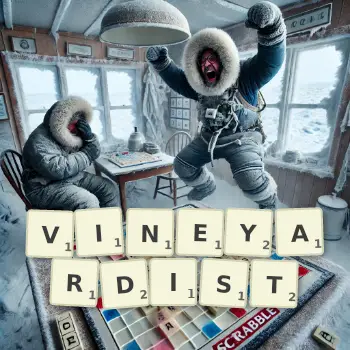Creative illustration for a Scrabble game with the word VINEYARDIST spelled out in tiles on the board.