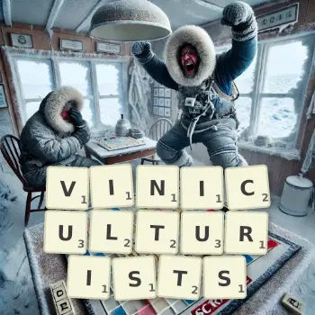 Creative illustration for a Scrabble game with the word VINICULTURISTS spelled out in tiles on the board.