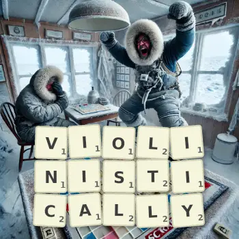 Creative illustration for a Scrabble game with the word VIOLINISTICALLY spelled out in tiles on the board.