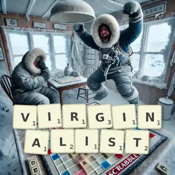 Creative illustration for a Scrabble game with the word VIRGINALIST spelled out in tiles on the board.