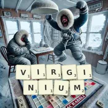 Creative illustration for a Scrabble game with the word VIRGINIUM spelled out in tiles on the board.