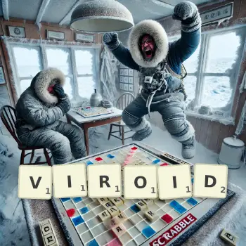 Creative illustration for a Scrabble game with the word VIROID spelled out in tiles on the board.