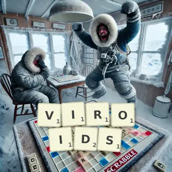 Creative illustration for a Scrabble game with the word VIROIDS spelled out in tiles on the board.