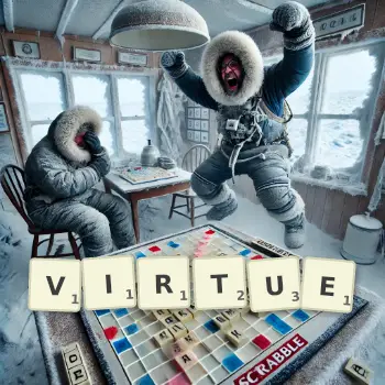 Creative illustration for a Scrabble game with the word VIRTUE spelled out in tiles on the board.