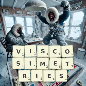 Creative illustration for a Scrabble game with the word VISCOSIMETRIES spelled out in tiles on the board.