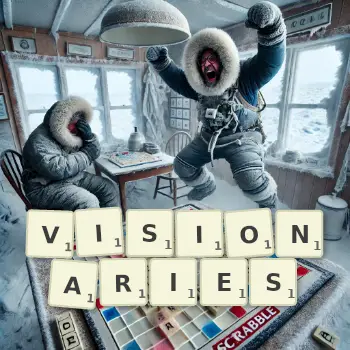 Creative illustration for a Scrabble game with the word VISIONARIES spelled out in tiles on the board.