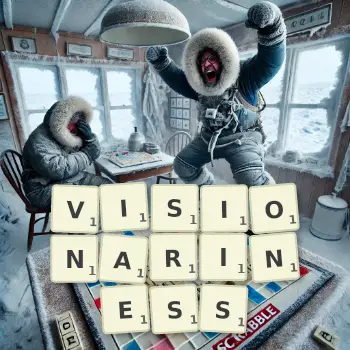 Creative illustration for a Scrabble game with the word VISIONARINESS spelled out in tiles on the board.