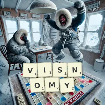 Creative illustration for a Scrabble game with the word VISNOMY spelled out in tiles on the board.
