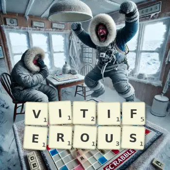 Creative illustration for a Scrabble game with the word VITIFEROUS spelled out in tiles on the board.