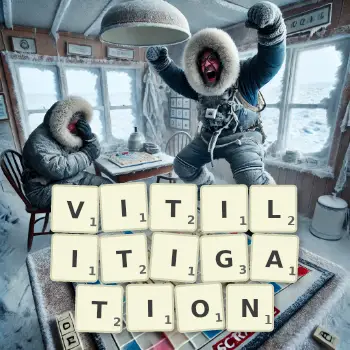 Creative illustration for a Scrabble game with the word VITILITIGATION spelled out in tiles on the board.