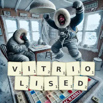 Creative illustration for a Scrabble game with the word VITRIOLISED spelled out in tiles on the board.