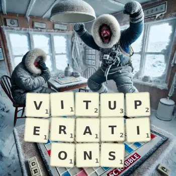Creative illustration for a Scrabble game with the word VITUPERATIONS spelled out in tiles on the board.
