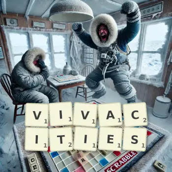 Creative illustration for a Scrabble game with the word VIVACITIES spelled out in tiles on the board.