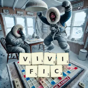 Creative illustration for a Scrabble game with the word VIVIFIC spelled out in tiles on the board.
