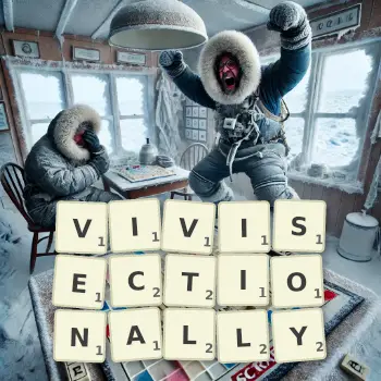 Creative illustration for a Scrabble game with the word VIVISECTIONALLY spelled out in tiles on the board.