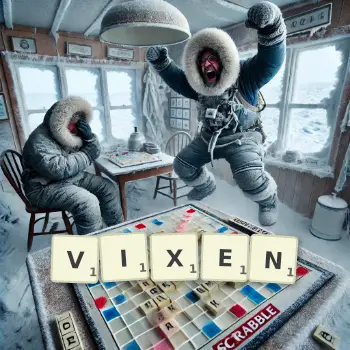 Creative illustration for a Scrabble game with the word VIXEN spelled out in tiles on the board.