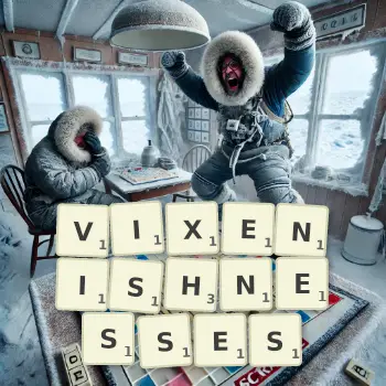 Creative illustration for a Scrabble game with the word VIXENISHNESSES spelled out in tiles on the board.