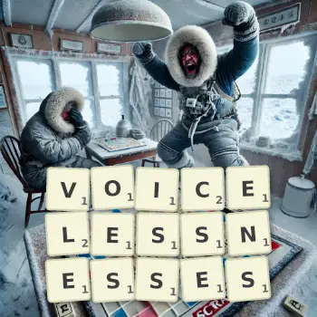 Creative illustration for a Scrabble game with the word VOICELESSNESSES spelled out in tiles on the board.