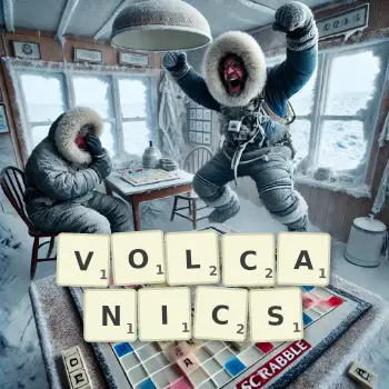 Creative illustration for a Scrabble game with the word VOLCANICS spelled out in tiles on the board.