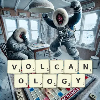Creative illustration for a Scrabble game with the word VOLCANOLOGY spelled out in tiles on the board.