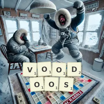 Creative illustration for a Scrabble game with the word VOODOOS spelled out in tiles on the board.