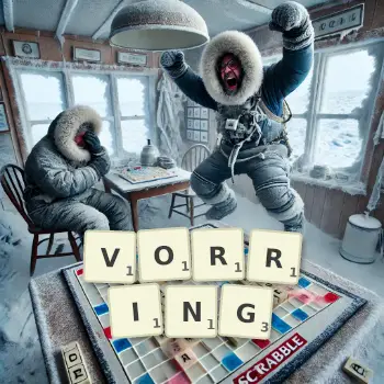 Creative illustration for a Scrabble game with the word VORRING spelled out in tiles on the board.