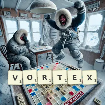 Creative illustration for a Scrabble game with the word VORTEX spelled out in tiles on the board.