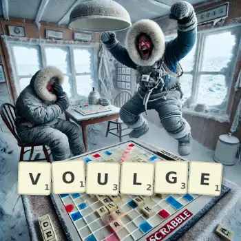 Creative illustration for a Scrabble game with the word VOULGE spelled out in tiles on the board.
