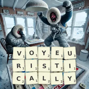 Creative illustration for a Scrabble game with the word VOYEURISTICALLY spelled out in tiles on the board.