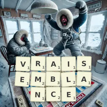 Creative illustration for a Scrabble game with the word VRAISEMBLANCE spelled out in tiles on the board.