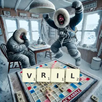 Creative illustration for a Scrabble game with the word VRIL spelled out in tiles on the board.
